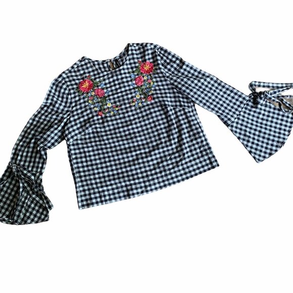 Stradivarius Gingham Bell Sleeved Floral Embroidered Top S - Picture 1 of 8